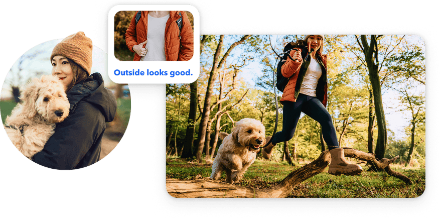 a picture of a woman holding a dog next to a picture of a woman walking a dog