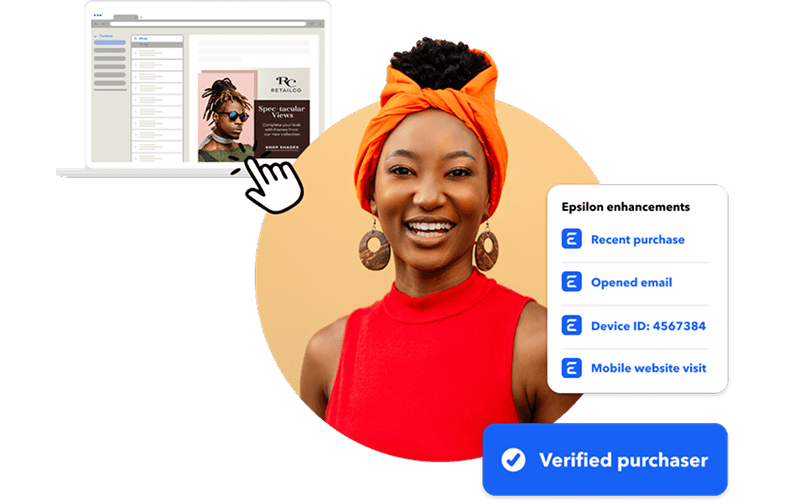 Smiling woman with digital overlays showing customer engagement data, a browser ad, and a 'Verified purchaser' badge.