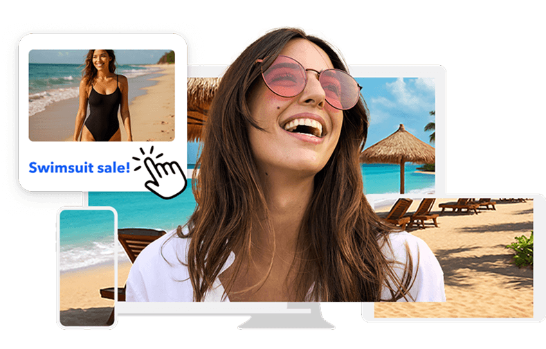 Smiling woman in pink sunglasses with digital beach scenes and a "Swimsuit sale!" popup.