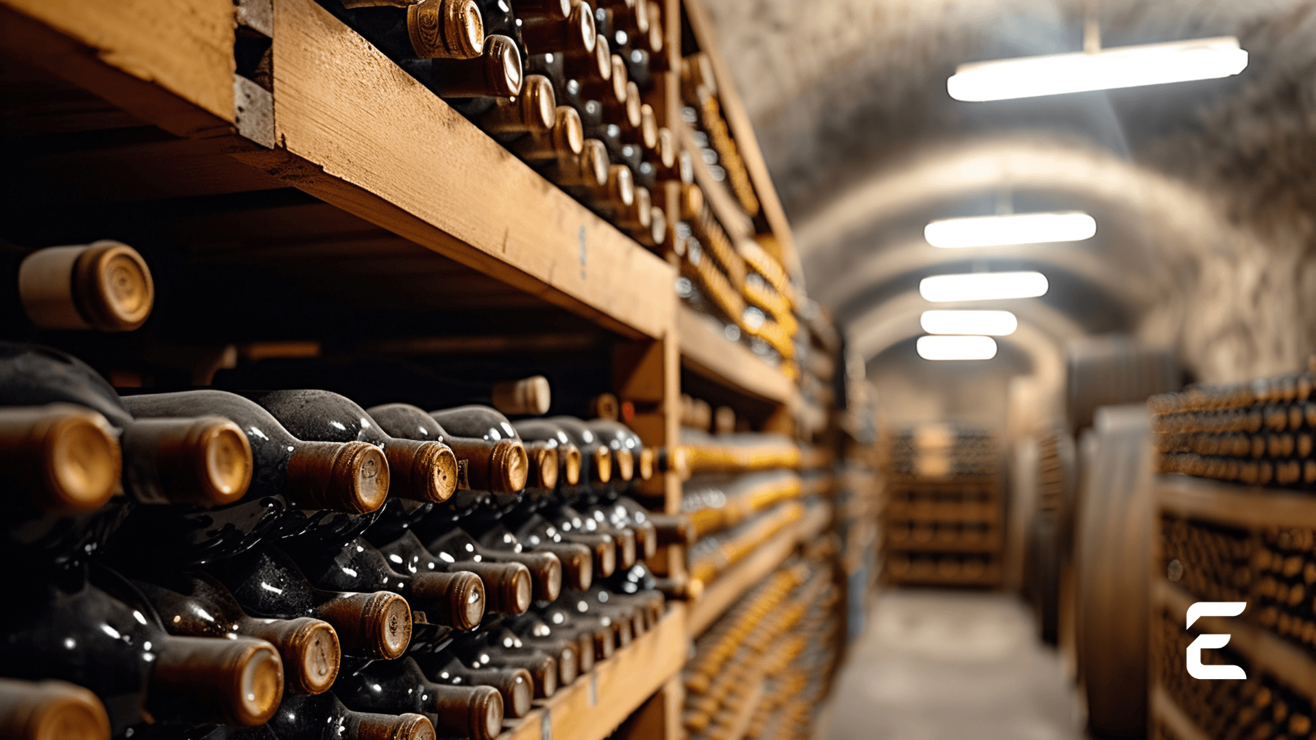 Rows of wine bottles on wooden racks in a stone-arched wine cellar.